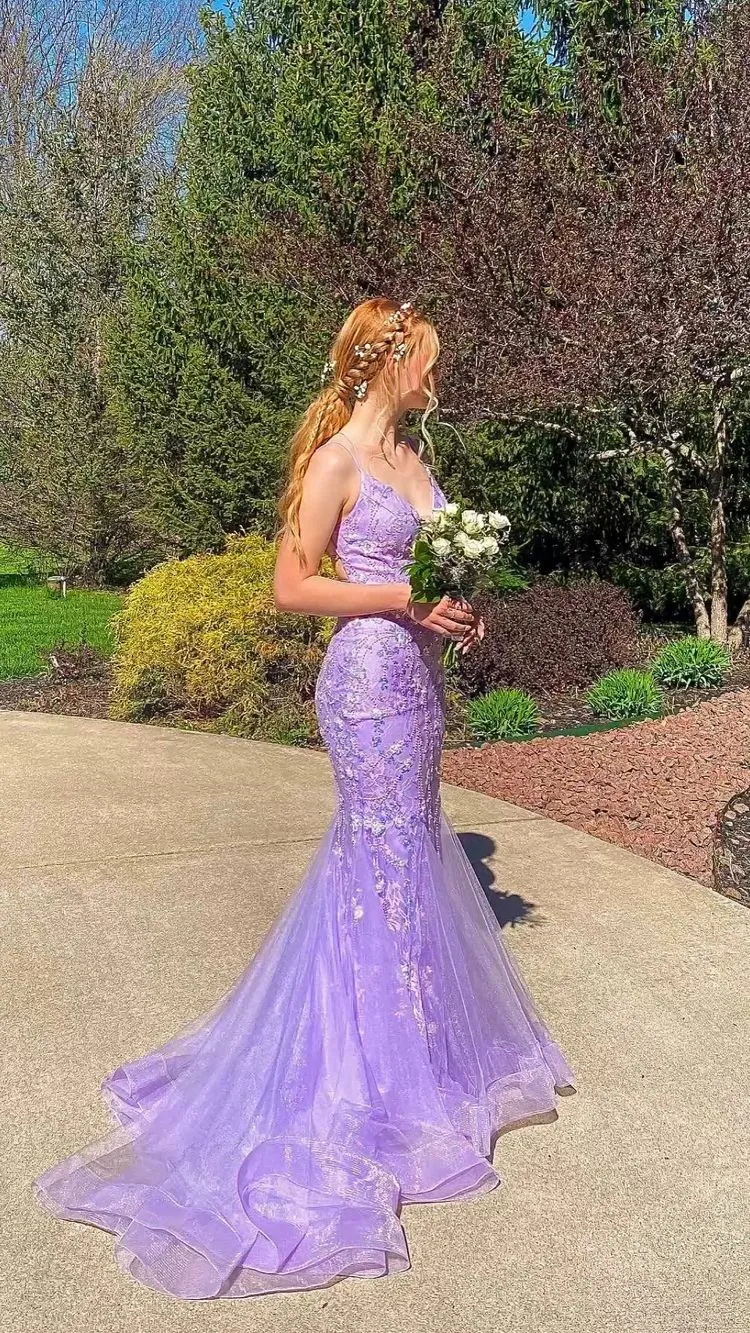 Diynav Spaghetti Straps Mermaid Lace Prom Dress Applique Tulle Long Evening Gown HZ1017