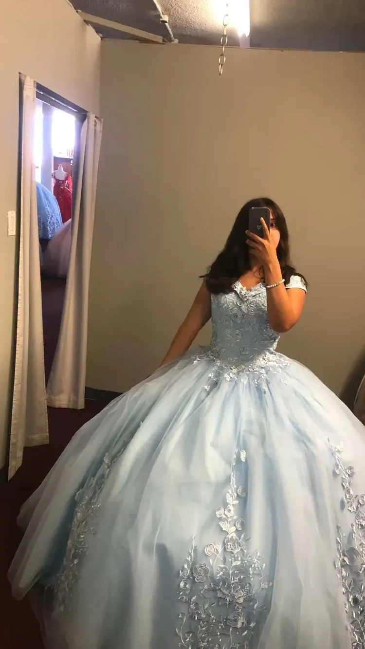 Diynav The Shoulder Blue Tulle Lace Quince Dress,Puffy Blue Ball Gown Sweet 16 Dress HZ1017