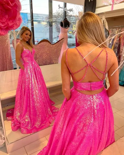 Diynav Ball Gown V Neck Hot Pink Sequins Long Prom Dress with Beading HZ1017