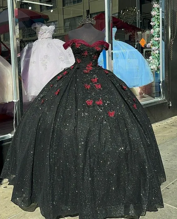 Diynav Black With Burgundy Butterflies Quinceanera Dress Sweet 16 Dress Ball Gown HZ1017