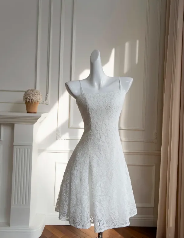 Diynav White Spaghetti Straps Lace A Line Homecoming Dress,Mini Party Dress HZ1017