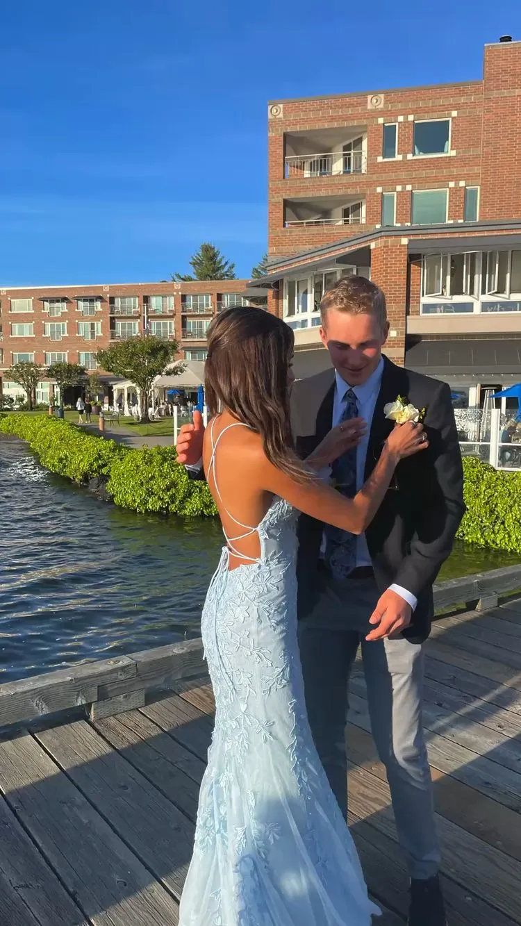 Diynav Long Baby Blue Lace Prom Dresses Spaghetti Straps Evening Dress HZ1017 - Image 2