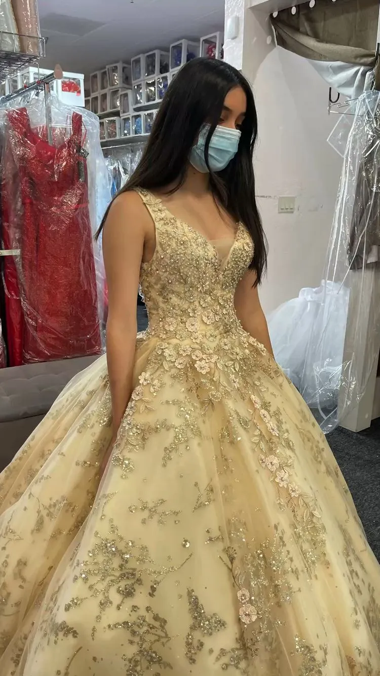 Diynav Champagne V Neck Quinceanera Dress Princess Dress Champagne Ball Gown HZ1017