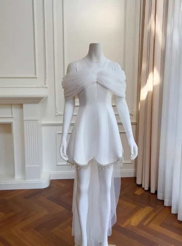 Diynav Off The Shoulder White Satin Tulle Homecoming Dress Mini Party Dress HZ1017