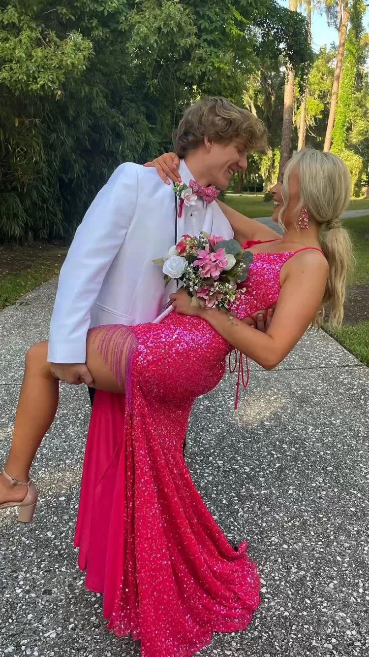 Diynav Straps Long Prom Dress With Lace-up Back Sequins Evening Dress HZ1017