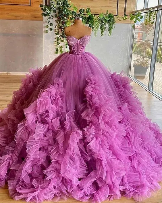 Diynav Purple Beading Bodice Tulle Ruffle Pleated Ball Gown HZ1017