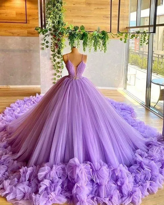 Diynav Straps Lavender Beading Bodice Tulle Ball Gown with Handmade Flowers HZ1017