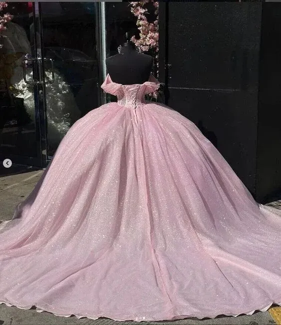 Diynav Off The Shoulder Pink Tulle Beaded Ball Gown Quinceanera Dress HZ1017 - Image 2