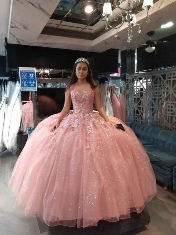 Diynav Pink Tulle Appliques Ball Gown , Sweet 16 Dress , Pink Quinceanera Dress HZ1017
