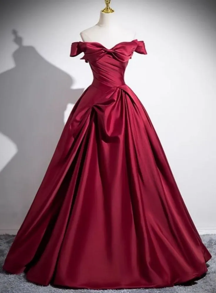 Diynav Burgundy Satin Pleats Prom Dress A Line Elegant Ball Gown HZ1017