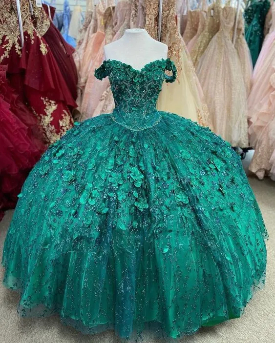 Diynav Green Hand Beaded Flower Ball Gown Quinceanera Dress Off Shoulder Sweetheart Gown HZ1017