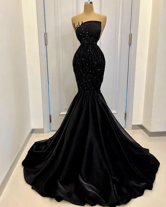 Diynav Mermaid Black Long Prom Dress Strapless Black Evening Dress HZ1017