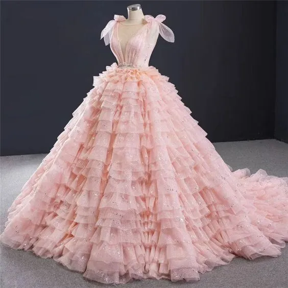 Diynav Blush Pink Quinceanera Dresses Layered Ruffle Sweet 16 Dress Blush Pink Ball Gown HZ1017