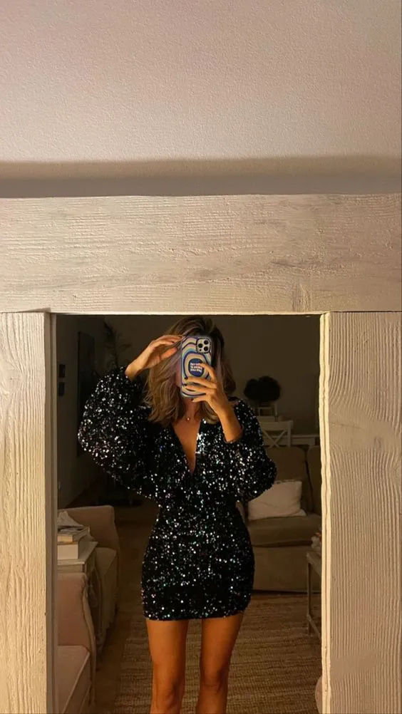 Diynav Sequin Bodycon Cocktail Dress Sexy Black Short Homecoming Dress HZ1017