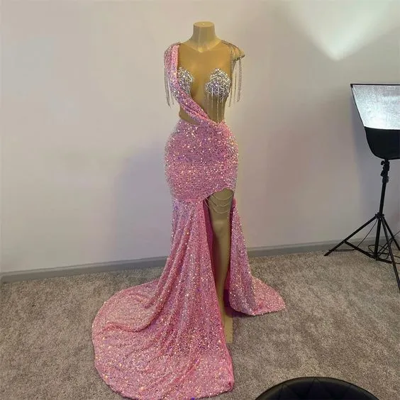 Diynav Pink Sequins Prom Dresses For Black Girls Tassels Luxury Dress For Gala Party 2025 Split Slit Long Mermaid Evening Gowns HZ1017