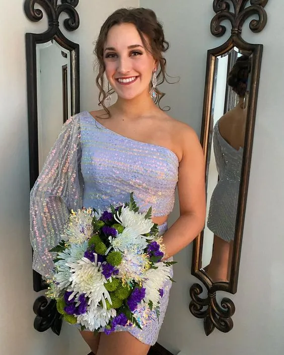 Diynav piece blue sequin one sleeve bodycon mini dress homecoming dress HZ1017