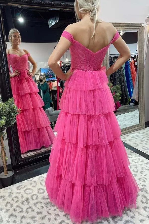 Diynav Fuchsia Tulle Long Prom Dresses Formal Evening Gowns HZ1017