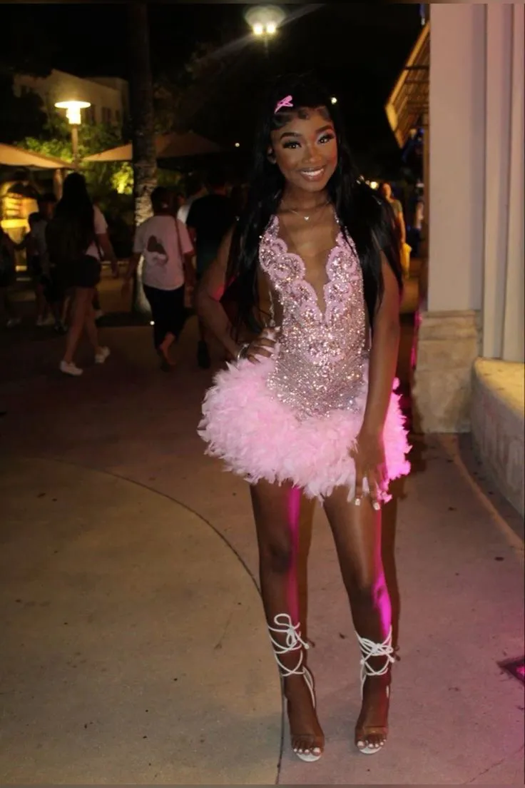 Diynav Pink Beaded Feathers Cocktail Dress Homecoming Dress HZ1017