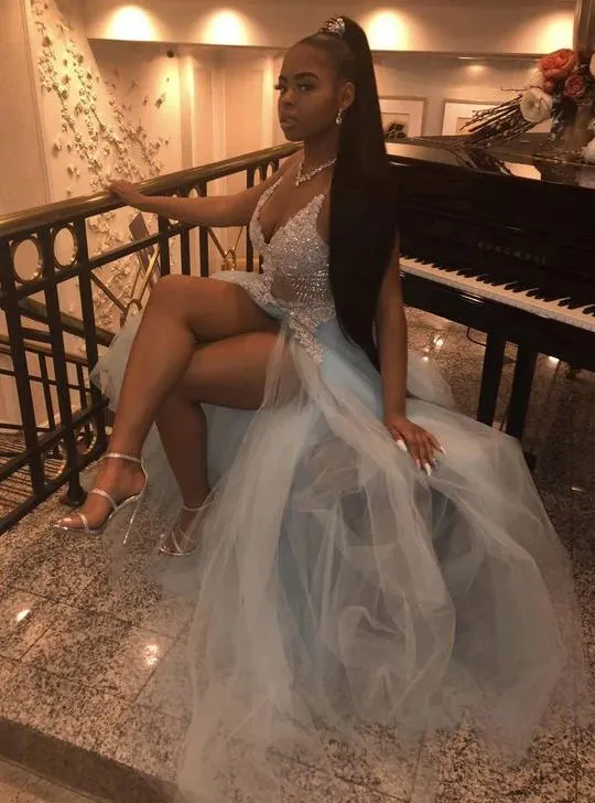 Diynav V neck Lace Prom Dress, Sexy Split Slit Evening Dress HZ1017