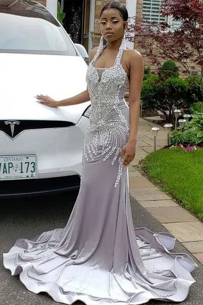 Diynav Sparkle Crystal Silver Prom Dresses Fit and Flare Alluring Backless Evening Gowns HZ1017