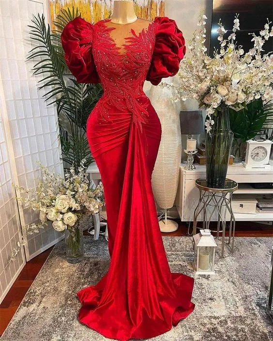Diynav Red Mermaid Prom Dresses Lace Beaded Sheer Neck Evening Dress Formal Party Wear HZ1017