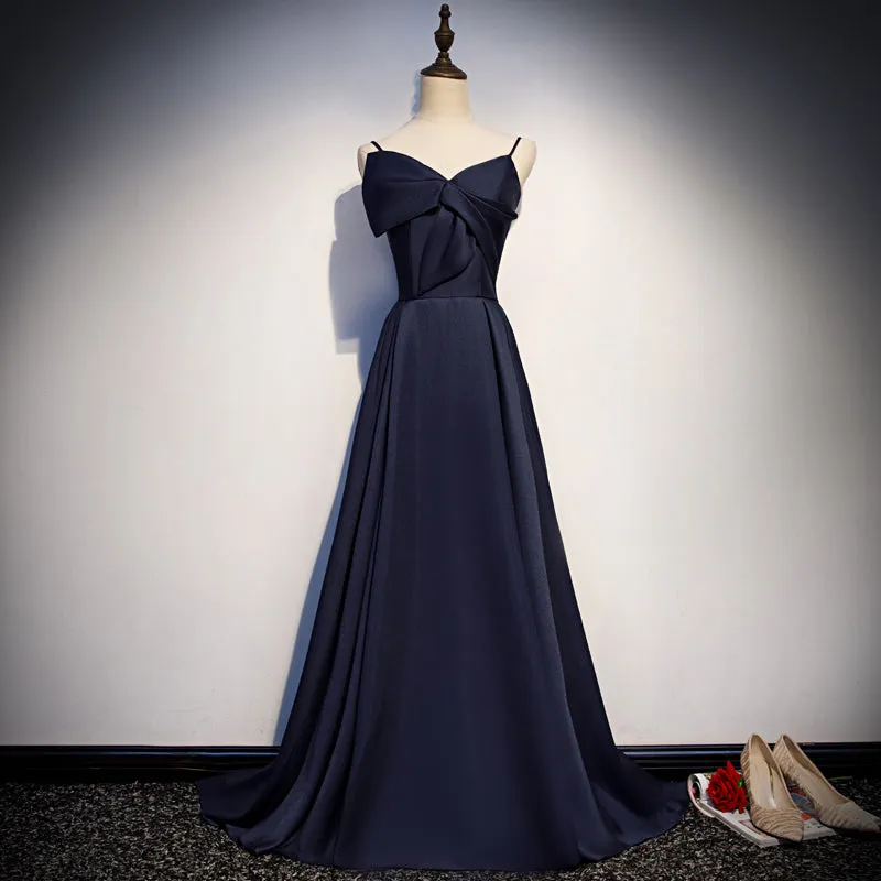 Diynav blue satin long prom dress, simple evening dress HZ1017