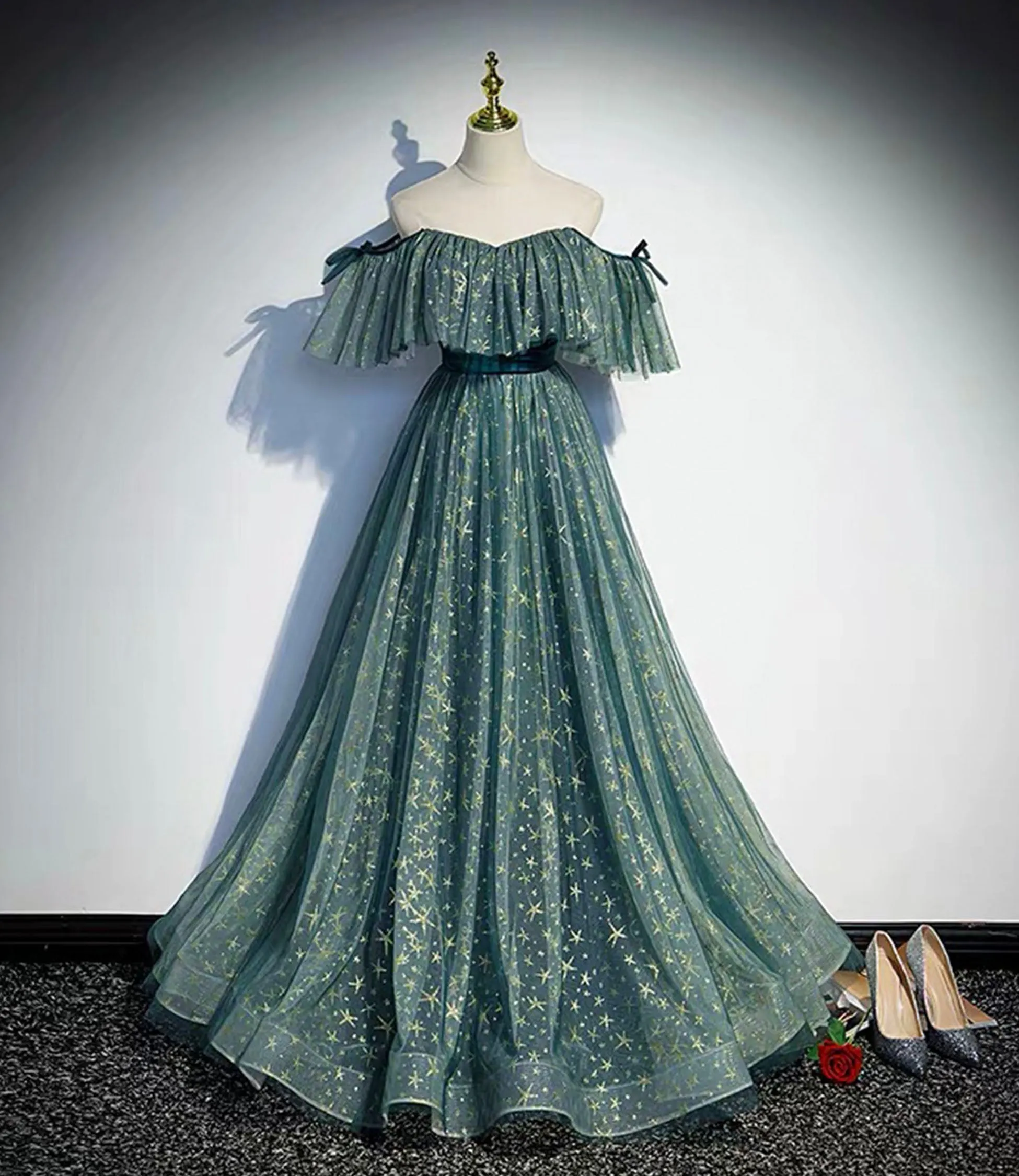 Diynav tulle sequins long prom dress A line evening dress HZ1017