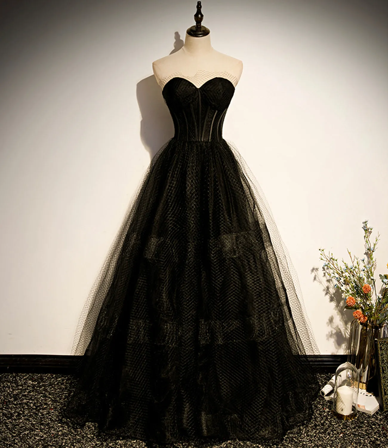 Diynav tulle long A line prom dress black evening dress HZ1017