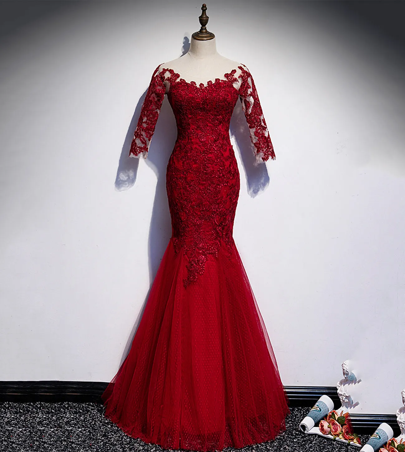 Diynav lace long prom dress mermaid evening dress HZ1017