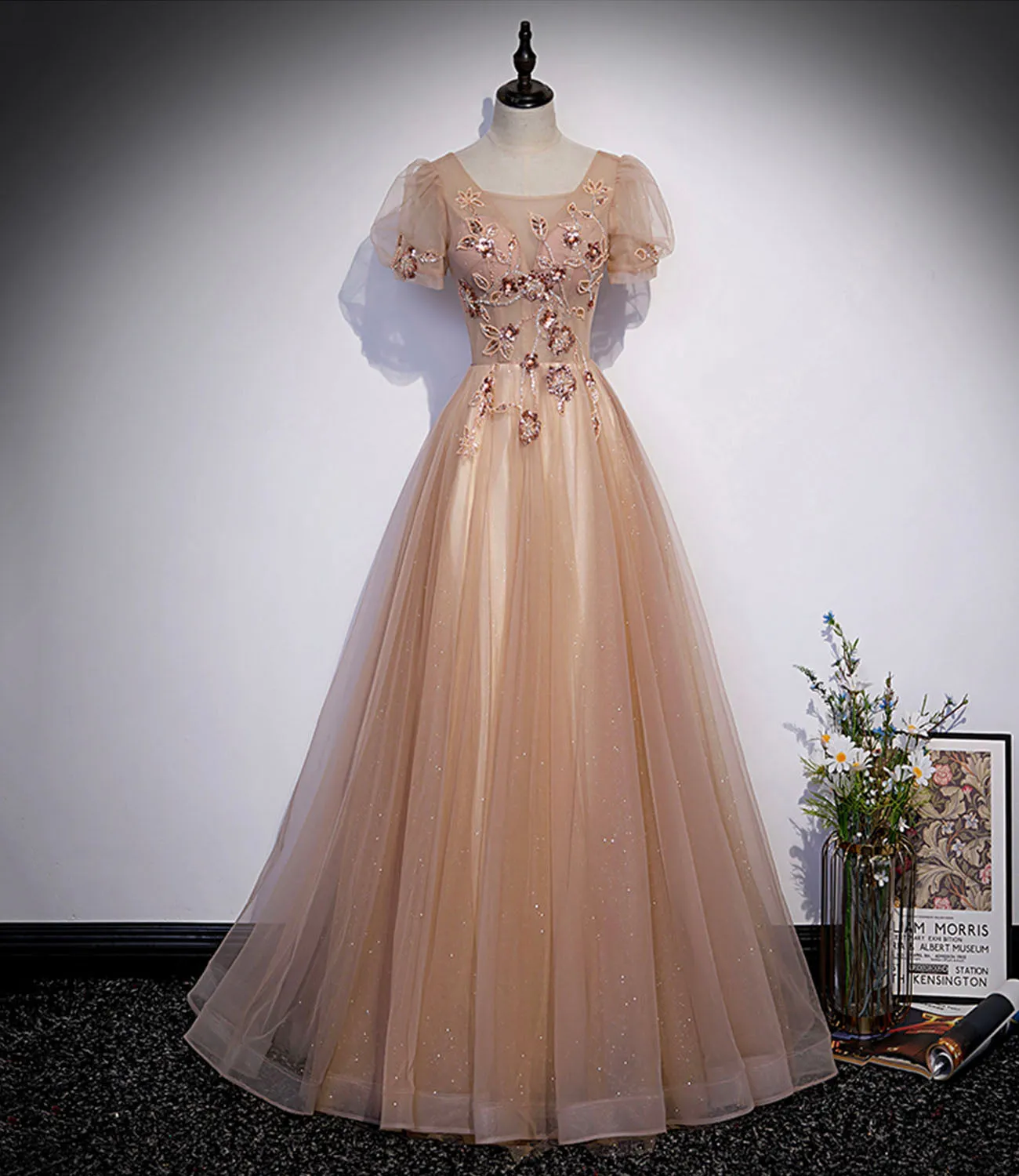 Diynav tulle beads long prom dress A line evening gown HZ1017