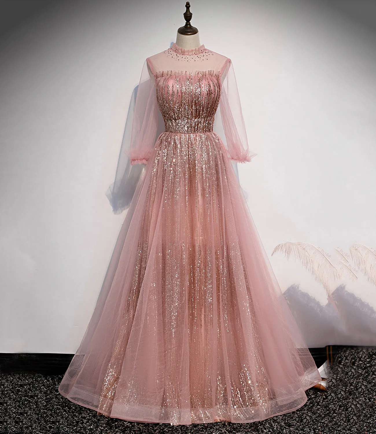 Diynav tulle sequins long prom dress pink evening dress HZ1017