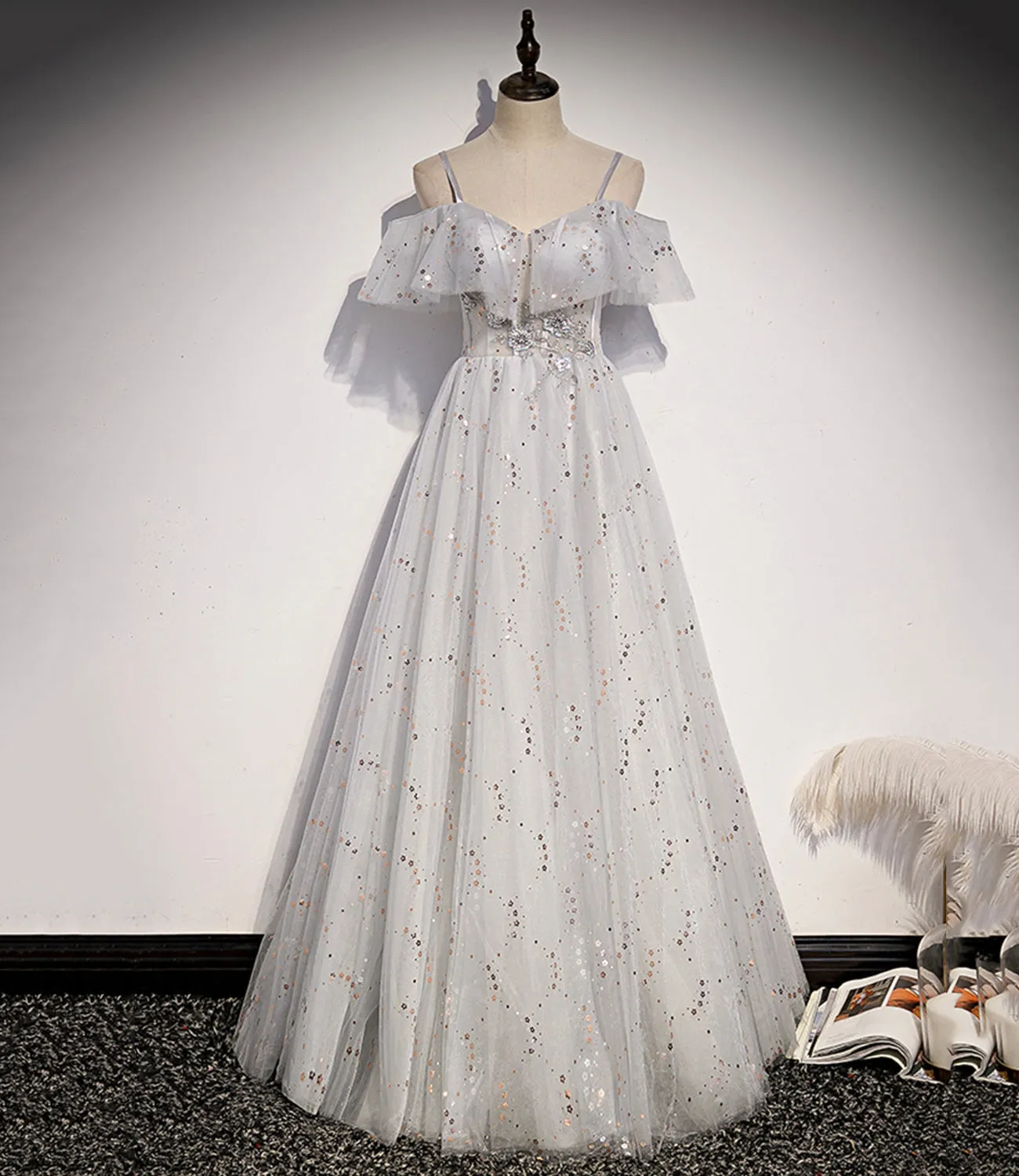 Diynav tulle sequins long A line prom dress evening dress HZ1017