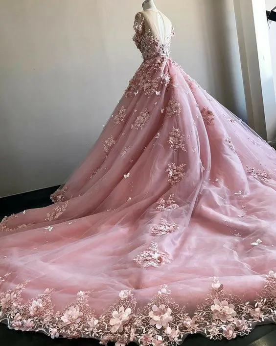 Diynav 3D Flowers With Court Train,Pink Ball Gown Wedding Dress Bridal Gown HZ1017