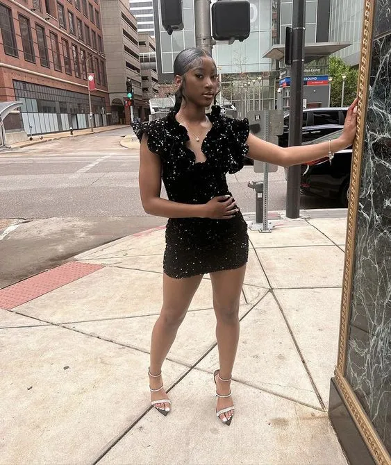 Diynav Birthday Outfit Dress For Black Girls,Black Sequins Short Homecoming Dress HZ1017