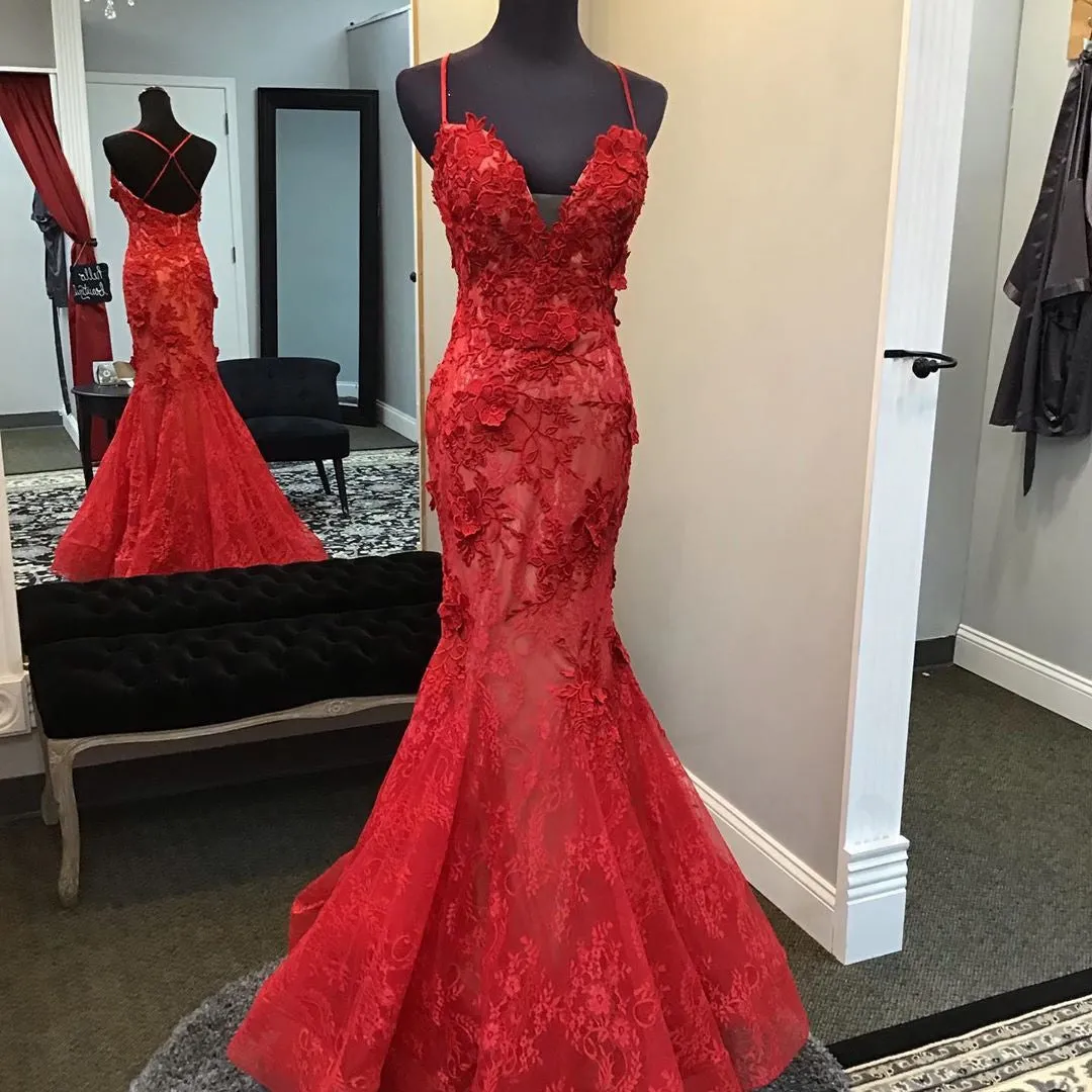 Diynav Handmade Lace Appliques Evening Dress,Mermaid/Trumpet V Neck Red Formal Gown HZ1017