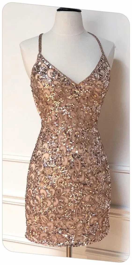 Diynav Sparkle V Neck Sequins Party Dress,Sexy Homecoming Dress HZ1017