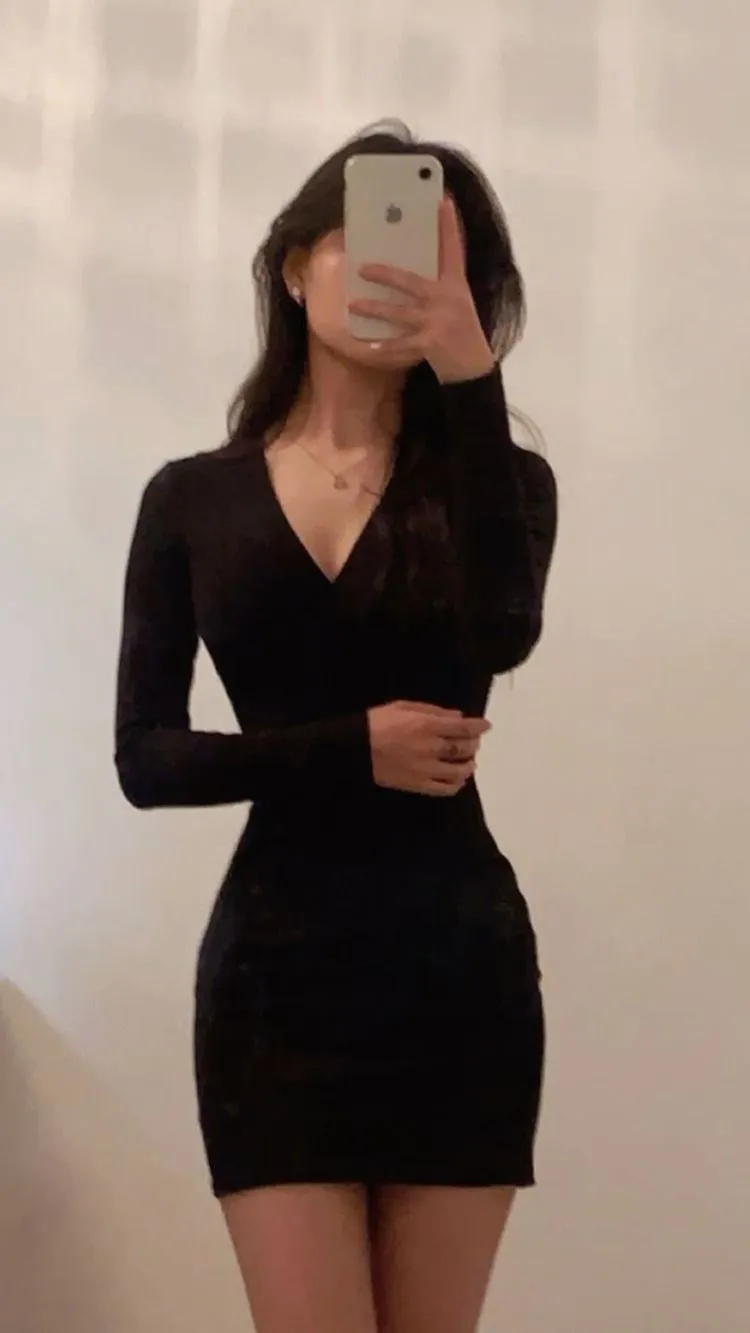 Diynav V Neck Bodycon Dress,Sexy Black Homecoming Dress,Long Sleeves Party Dress HZ1017
