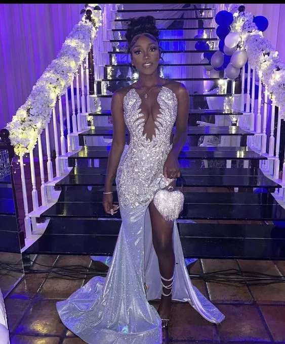 Diynav Mermaid Long Evening Dress With Slit,Sparkly Mermaid Evening Gown HZ1017