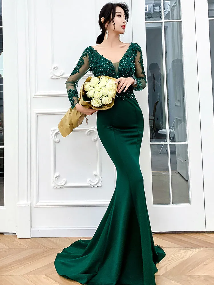 Diynav Green Mermaid Beaded and Lace Mermaid Long Evening Dress HZ1017