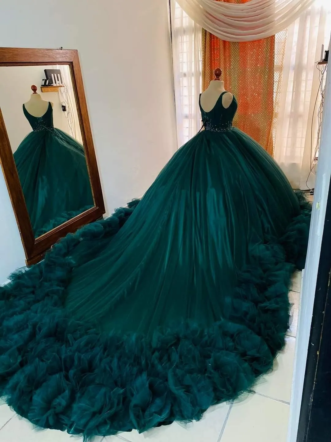 Diynav Tulle Lace-up Back Ball Gown,Teal Princess Dress With Ruffles HZ1017