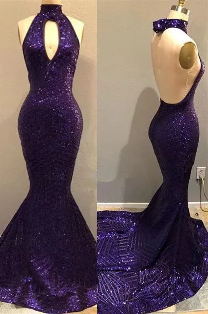 Diynav Sequins Sexy Open Back Prom Dresses | Mermaid Keyhole Evening Gowns HZ1017