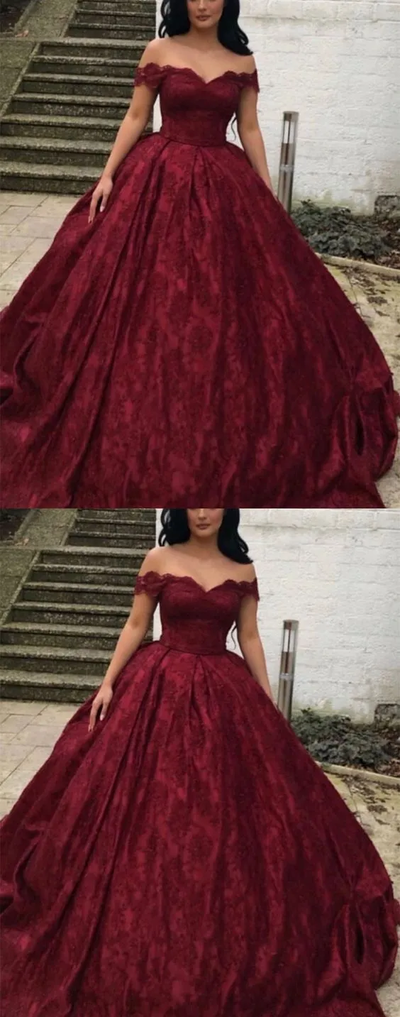 Diynav Burgundy Lace Ball Gown Off Shoulder Wedding Dresses HZ1017 - Image 2