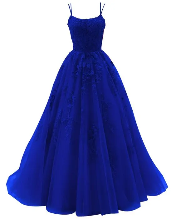 Diynav Blue Spaghetti Strap Prom Dress Ball Gown Lace Appliques Wedding Tulle Long Dress Princess Formal Evening Dress HZ1017