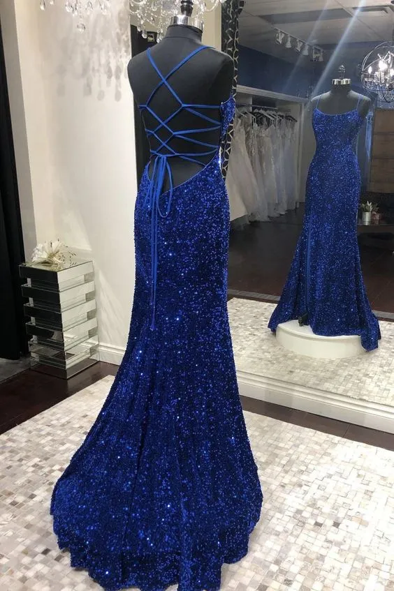 Diynav Sequins Long Prom Dresses, Royal Blue Backless Evening Dresses HZ1017