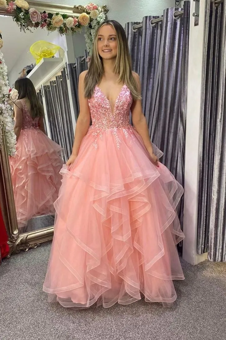 Diynav V-Neck Lace Long Prom Dresses, A-Line Pink Evening Dresses HZ1017