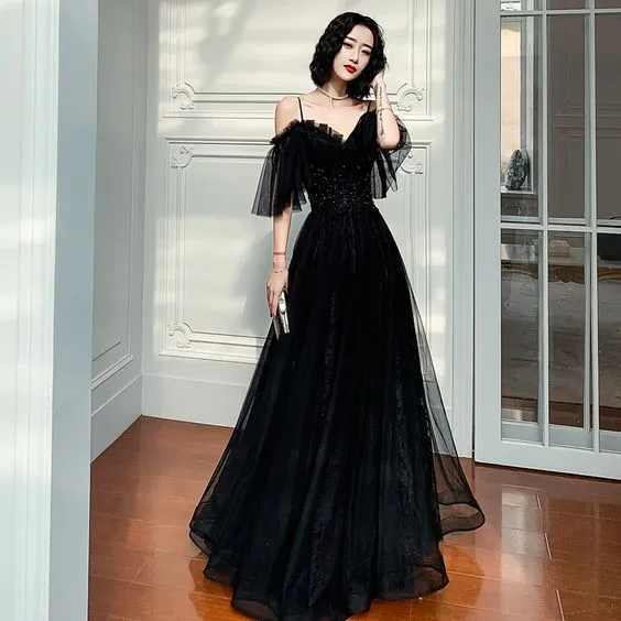 Diynav tulle lace long prom dress black evening dress HZ1017