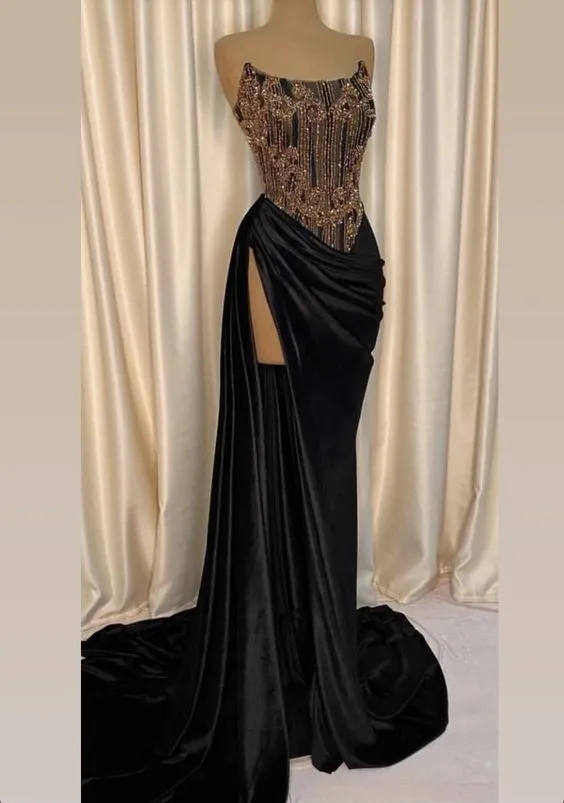 Diynav Strapless Long Evening Dress , Chic Black Prom Dress with High Split , Black Gala Dress HZ1017