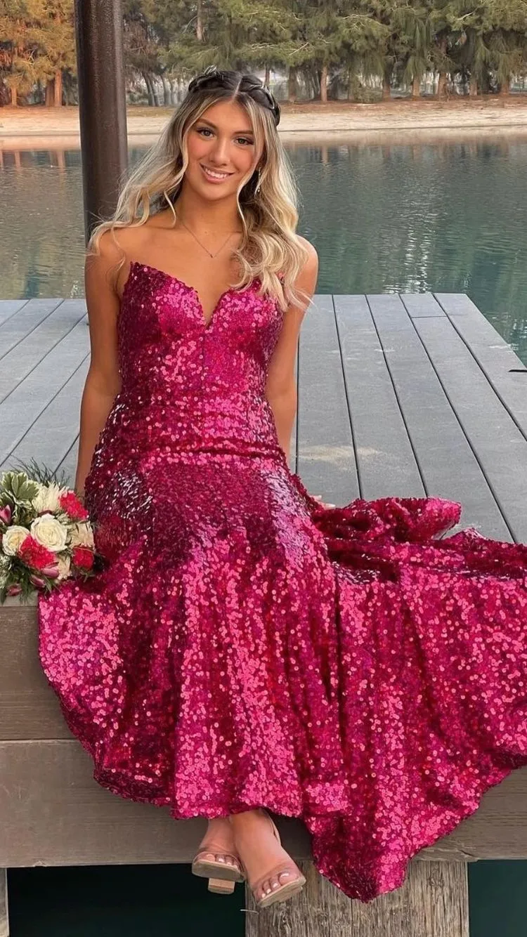 Diynav Fuchsia Sequins Long Prom Dress,Elegant Mermaid Evening Dress HZ1017 - Image 3