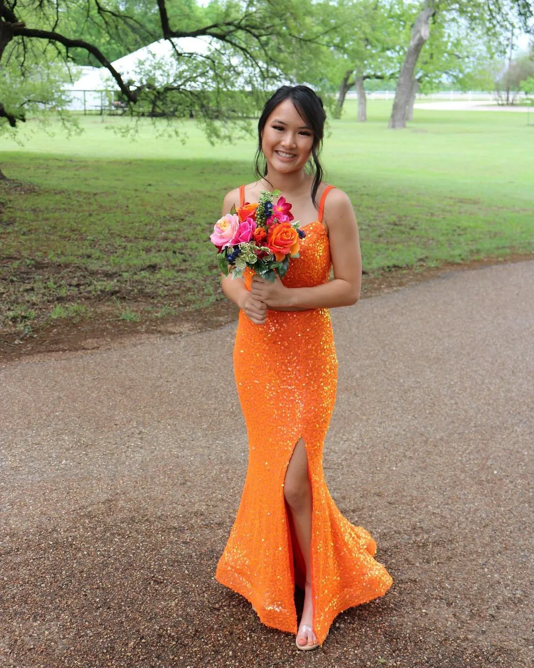 Diynav Mermaid Orange Sequins Long Prom Dress Formal Evening Dresses HZ1017