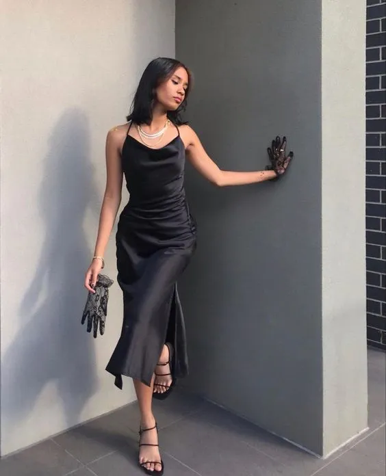 Diynav Sheath Cowl Neck Black Tea Length Evening Dresses HZ1017 - Image 2